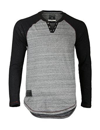 Zimego Long Sleeve Raglan V-Neck Henley Round Bottom Semi Longline T-Shirt