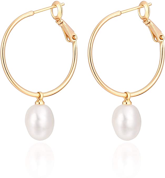 Gold Huggie Hoop Earrings with Charms Fashion Pearl Drop Dangle Earrings for Women Handmade Karma Circle Jewelry for Ladies Lightweight Pearl Earrings on Christmas