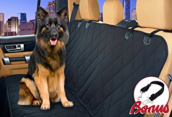 Car Seat Cover for Dog. Fits Auto, SUV and Truck - Hammock Mode, Waterproof, Stay in Place Anchors & Velcro Seat Belt Opening. Rich Black, Oxford Nonslip Backing. Bonus: Seat Belt Included