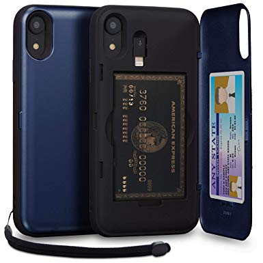 TORU CX PRO iPhone XR Wallet Case Blue with Hidden Credit Card Holder ID Slot Hard Cover, Strap, Mirror & Lightning Adapter for Apple iPhone XR (2018) - Navy Blue