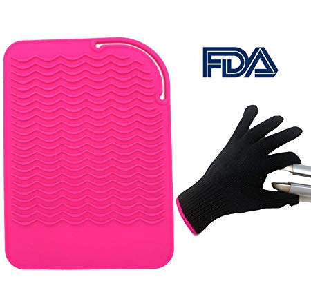 Heat Resistant Mat Pad and Heat Resistant Glove for Curling Irons, Hair Straightener, Flat Irons and Hair Styling Tools 9" x 6.5", Food Grade Silicone (Pink Glove)