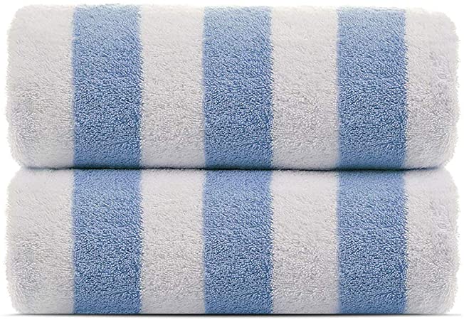 100% Turkish Cotton, Luxury Eco-Friendly Cabana Stripe Highly Absorbent Pool Beach Towels for Beach, Pools and Travel (30x60 inches) 2 Pack, Blue