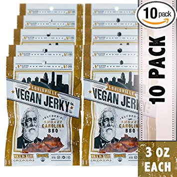 Louisville Vegan Jerky - Smokey Carolina BBQ, Protein Source for Vegans and Vegetarians, 12 Grams of Non-GMO Soy Protein, Gluten-Free Ingredients (Pack of 10, 3 oz)