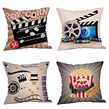 Steven.Smith Movie Theater Cinema Personalized Cotton Linen Square Burlap Decorative Throw Pillow Case Cushion Cover 18 Inch (4 Pack Cinema Popcorn)