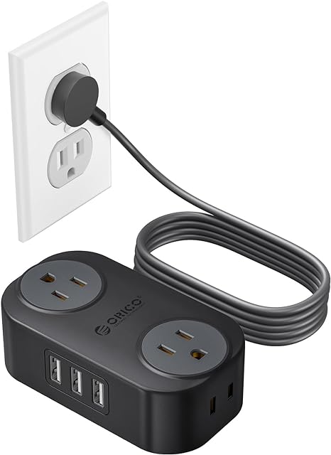 Extension Cord Indoor with USB Ports, ORICO 5 Ft Flat Plug Power Bar with 4 Outlet Extenders 3 USB, Wall Mountable Small Power Strip for Home Office Cruise Ship Dorm Room Travel Essentials, Black