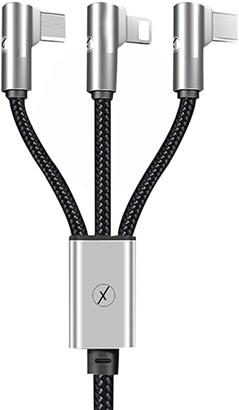 Xmate Mettle Pro 3 in 1 Cable Fast Multi Charger Cable Nylon Braided Charging Cable for Type-C, Micro and iPhone Pins, Smart Charge 3 Port Data Charging Cable For All Smartphones(3 in 1 Cable)-(Black)