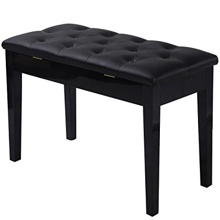 Giantex Black Ebony Wood Leather Double Duet Piano Bench Padded Storage Seat