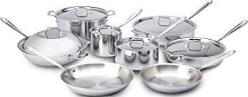 All-Clad 401716 Stainless Steel Tri-Ply Bonded Dishwasher Safe Cookware Set, 14-Piece, Silver