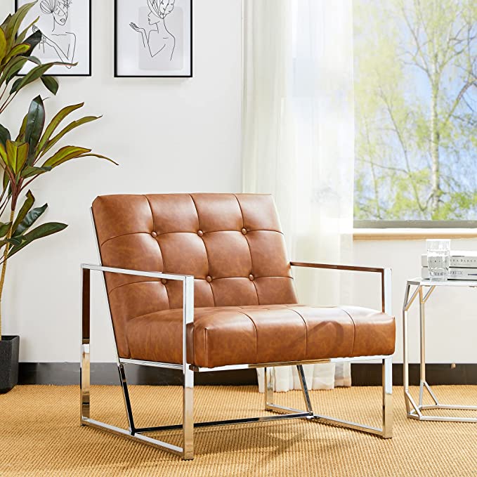 Glitzhome Mid Century Camel Accent Armchair, Single Reading Armchair PU Leather Tufted Chair with Sturdy Metal Frame
