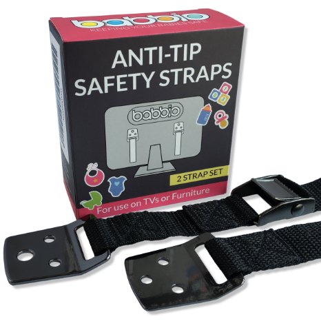 [Babbio] Anti-Tip TV Safety Straps (2 pack) | Extra Strong Metal (Nickel Effect) | Child Proof, Seniors Safety, Earthquake and RV Protection | Anchor Flat Screen TVs or Heavy / Tall Furniture (Black)