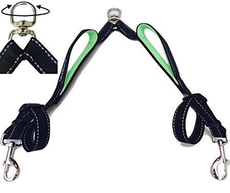 Vaun Duffy Double Dog Leash Coupler with With Two Padded Handles - No Tangle Splitter Swivel , Reflective Stitching, 1 Inch Wide and Adjustable 18-24 Inch - Perfect Lead for Walking and Training
