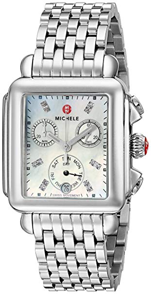 Michele Womens Deco Diamond Dial Stainless Steel Watch