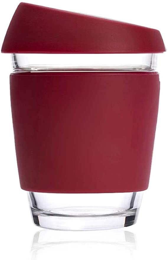 Wave Reusable Glass Coffee Tea Cup - Silicone Lid Travel Mug Takeaway - Barista Size 12oz/350ml - Eco-Friendly (Burgundy)