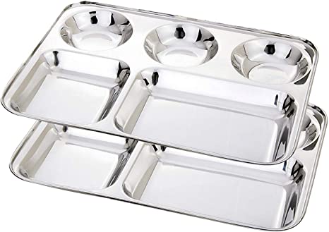 Khandekar Pack of 2 Stainless Steel Rectangular Thali Plate, 5 compartment Thali, Mess Trays, Kids Lunch and Dinner or Every Day Use - 13 Inch