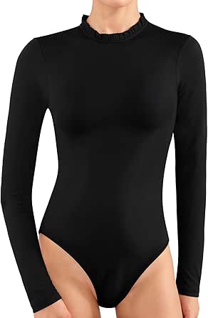 MANGOPOP Women's Long Sleeve Body Suits Womens Ruffle Crew Neck Bodysuit Tops for Women Fitted Going Out Body Suit Shirts