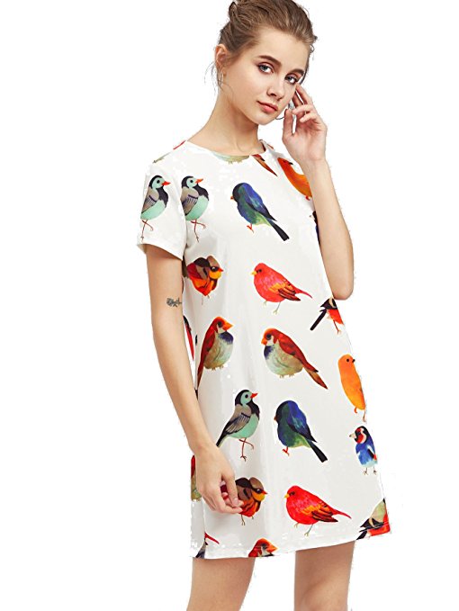 ROMWE Women's cute casual Allover Bird Print shift Dress