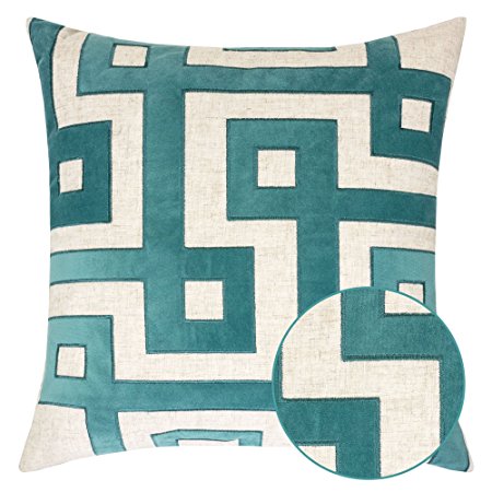 Homey Cozy Applique Linen Throw Pillow Cover, Lullita Teal Geometric Decorative Square Couch Cushion Pillow Case 20 x 20 Inch, Cover Only