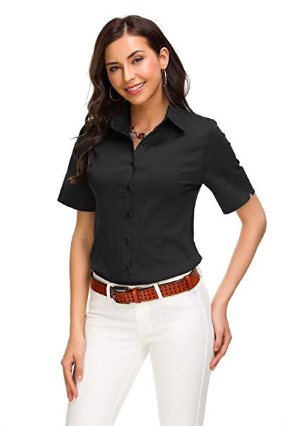 Womens Basic Button Down Shirts Simple Short Sleeve Pullover Stretch Formal Casual Shirt