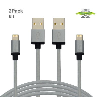2Pack 6ft Grey Nylon Braided 8Pin iPhone Lightning Cable Durable and Fastly Charging Cord with Aluminum Connector Sync/Charge for iPhone 6S,6S Plus,6,6 Plus,5,5s,5c,iPod 7,iPad Pro,iPad Mini.