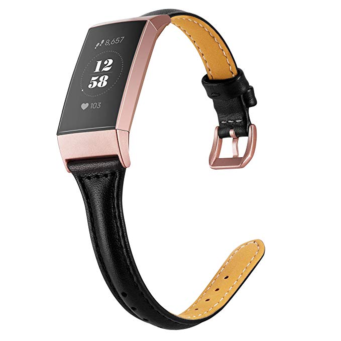 Wearlizer Compatible Fitbit Charge 3 Bands for Women Slim Leather Replacement Fit Charge hr 3 Special Edition Rose Gold Band Assesories Strap