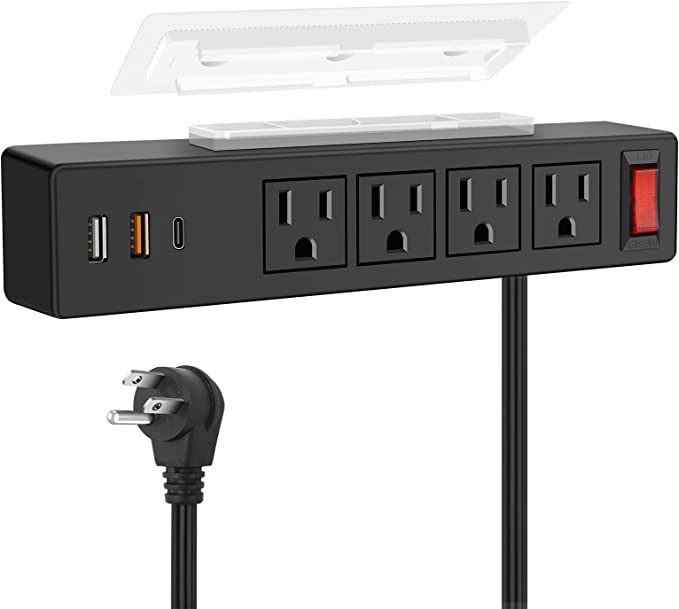 Under Desk Power Strip, Adhesive Wall Mount Power Strip with USB C Ports, 4 AC Plug.20W 1 QC3.0 USB-A,1 PD Fast Charging 18W USB-C with Switch for Kitchen, Office, Home, Hotel