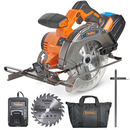 VonHaus 20V MAX Cordless Circular Saw Kit with Guide and 6 1/2” TCT Tip Blades - Includes 3.0Ah Lithium-Ion Battery, Smart Charger and Carry Tool Bag