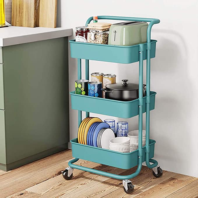 LadyRosian 3 Tier Rolling Storage Cart - Kitchen Cart with 2 Baskets & 4 Hooks - Storage Cart with Handle and Locking Wheels, for Home Party Bathroom Office Balcony (Blue)