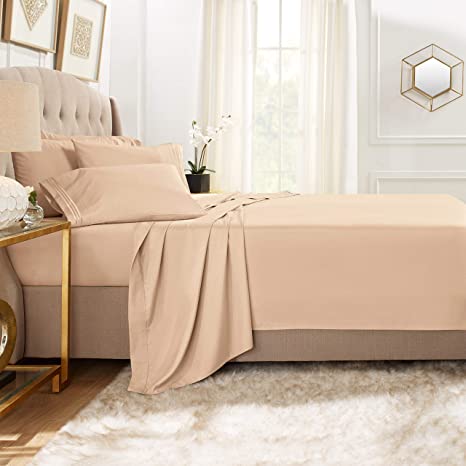 Clara Clark Premier 1800 Collection Bed Sheet Set with Extra Pillowcases Wrinkle, Fade & Stain Resistant, Queen, Taupe Sand