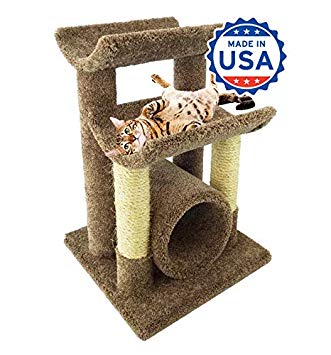 CozyCatFurniture 30" Carpet Cat Furniture Tree | Two Large Cradles & Tube | Two Sisal Scratching Posts | Brown Carpet
