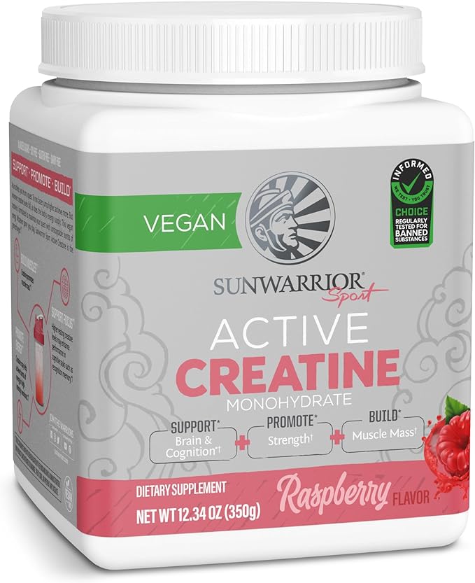 Sunwarrior Creatine Monohydrate Powder | Muscle Building Strength Training Pre Workout & Recovery | Vegan & Keto Friendly Micronized & Easily Mixes 350g Tub (50 Servings) Raspberry Active Creatine