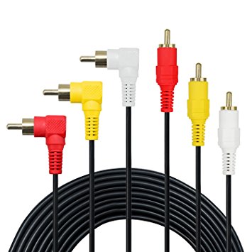 3 RCA Cable - Premium Gold Plated 90 Degree Right Angle RCA Audio / Video Cable 3 Male To 3 Male Composite Video Audio A/V AV Cable
