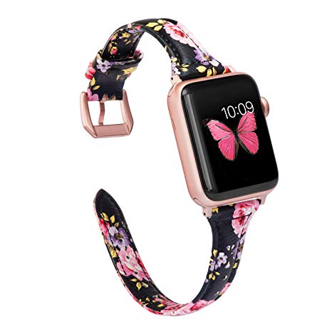 Wearlizer Slim Leather Compatible with Apple Watch Band 42mm 44mm Womens iWatch Straps Wristband Flower Printed Replacement Beauty Sports Bracelet (Metal Stainless Steel Clasp) Series 4 3 2 1-Flower3