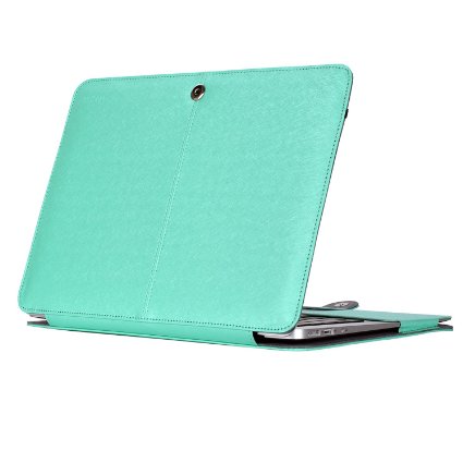 Mosiso MacBook Air 13 Sleeve, Premium Quality PU Leather Book Cover Clip On Folio Case with Stand Function for Macbook Air 13.3 Inch (A1466 / A1369), Mint Green Silky Pattern Design