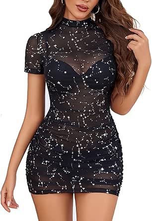 Avidlove Women's Mesh Dress Bodycon Mini Lingerie Dress Sexy Short Sleeve Mock Neck Ruched Party Clubwear Outfits S-XXL