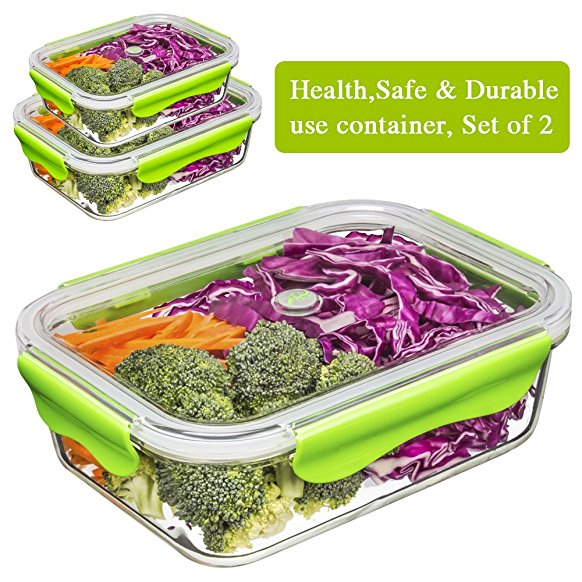 Food Containers, Glass Lunch Containers Set 100% BPA Free, Stackable, Airtight, Leak Proof Storage Container with lid, Microwave, Oven, Freezer, Dishwasher Safe (2 Piece, 640ML & 1520ML, Rectangle, Green)