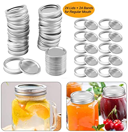 24 Sets Canning Lids and Bands for Regular Mouth Mason Jars - Leakproof Storage Can Covers Caps and Rings Disc with Silicone Seals (Regular Mouth)