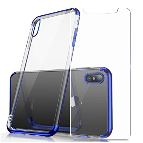 Crystal Clear TPU Cover iPhone Case (Supports Wireless Charging), Protective Back Case with Soft Shock Absorption Bumper and Tempered Glass Screen Protector Set for iPhone X/Xs (Blue)