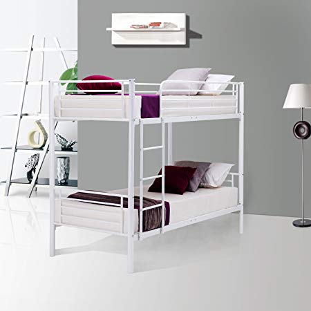 LAGRIMA Metal Bunk Bed Twin Over Twin - with Removable Ladder and Guard Rail- Space Saving Design - Easy Assembly - White