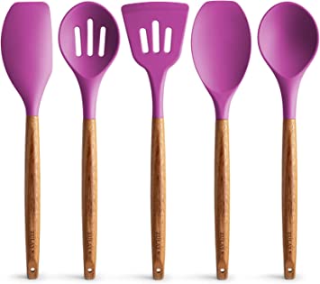 Zulay Non-Stick Silicone Utensils Set with Authentic Acacia Wood Handles - 5 Piece Silicone Cooking Utensils Set - Purple