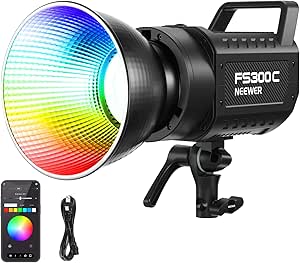 NEEWER 300W RGB LED Video Light APP/2.4G Control 17 Effects, 2500-7500K 36000lux/1m COB Continuous Output Lighting, CRI95 /TLCI97  4 Dimming Curves Bowens Mount Spotlight for Studio Shoots, FS300C