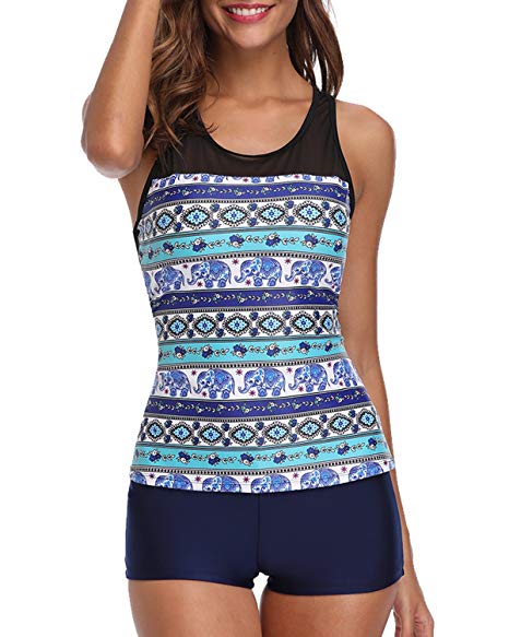 Yonique Racerback Tankini Set Mandala Printed Top with Boyshort Two Piece Swimsuits for Women