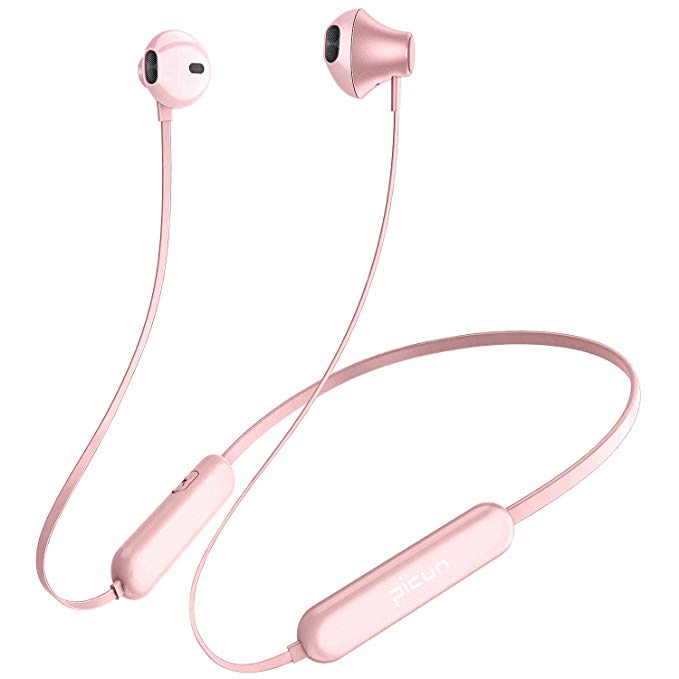 Picun Bluetooth Headphones 20Hrs Playtime Wireless Sport Earphones Neckband with Mic, IPX5 Sweatproof HiFi Bass Stereo Headphones Bluetooth 5.0 Magnetic Earbuds for Workout Gym Running (Rose Gold)