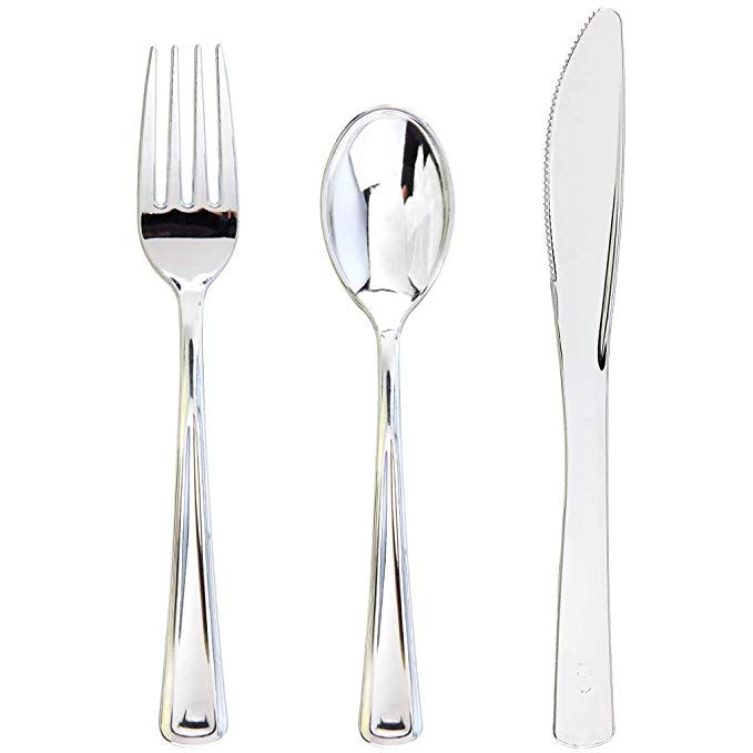 BUCLA 600 Pieces Silver Plastic Silverware-Plastic Silver Cutlery-Heavyweight Disposable Flatware set- 200 Forks, 200 Spoons, 200 Knives