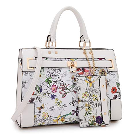 Dasein Two Tone Fashion Handbag For Women Top Handel Satchel Bag Padlock Designer Purse With Matching Wristlet (White Flower)