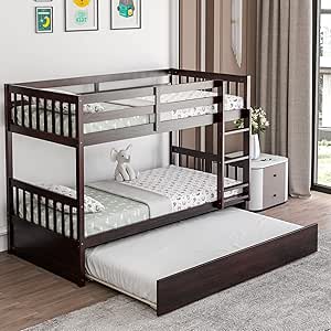 Giantex Twin Over Twin Bunk Bed with Trundle, Convertible Platform Bed Frame with Ladder & Solid Wood Frame, Space-Saving Bunk Bed for Teens & Adults, No Box Spring Needed, Espresso