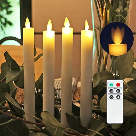 Flameless Taper Candles with Moving Flame, Real Wax Finished Flickering Battery Operated Candles - Set of 4, Remote Control and Batteries Included