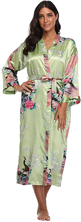 Women's Floral Long Kimono Robes Satin Dressing Gown Peacock Blossoms