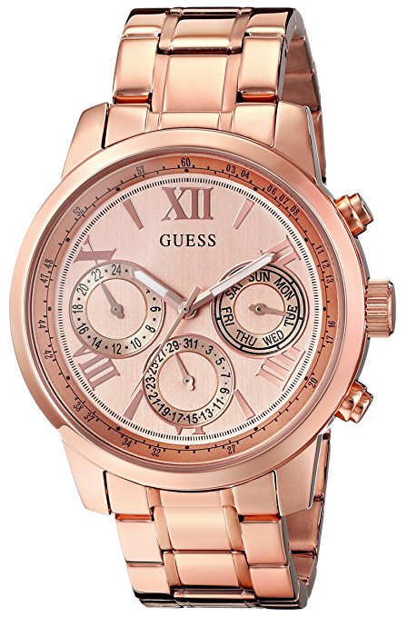 GUESS Women's U0330L2 Sporty Rose Gold-Tone Stainless Steel Watch with Multi-function Dial and Pilot Buckle