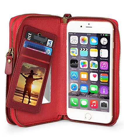 TSCASE Zipper Leather Wallet Case, Clutch Bag Phone Wallet Cover with Card Holder, Hand Strap and Mirror for iPhone 6/6S/7 Plus, Samsung Galaxy S8//S7/S6/LG, Wine Red