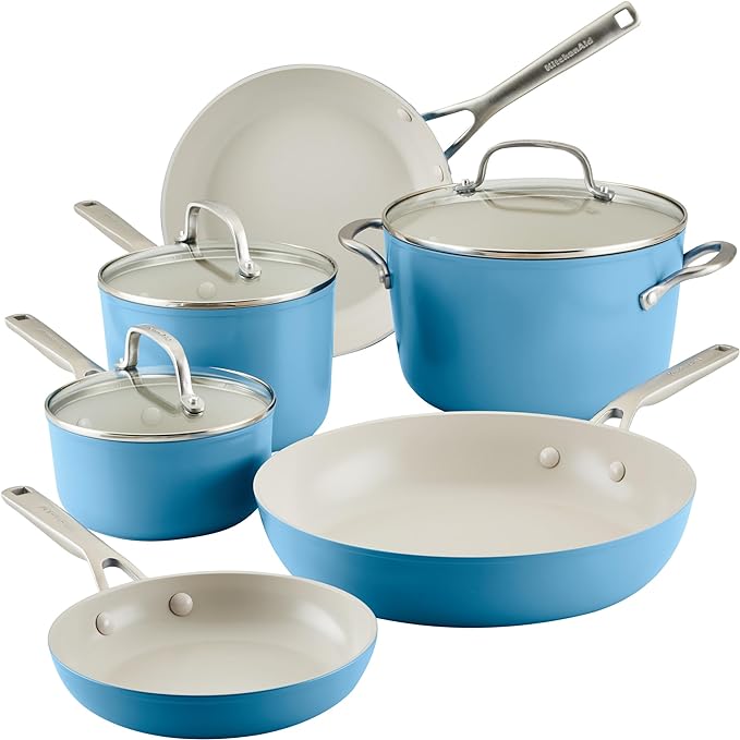 KitchenAid Hard Anodized Ceramic Nonstick Cookware Pots and Pans Set, 9 Piece, Blue Velvet